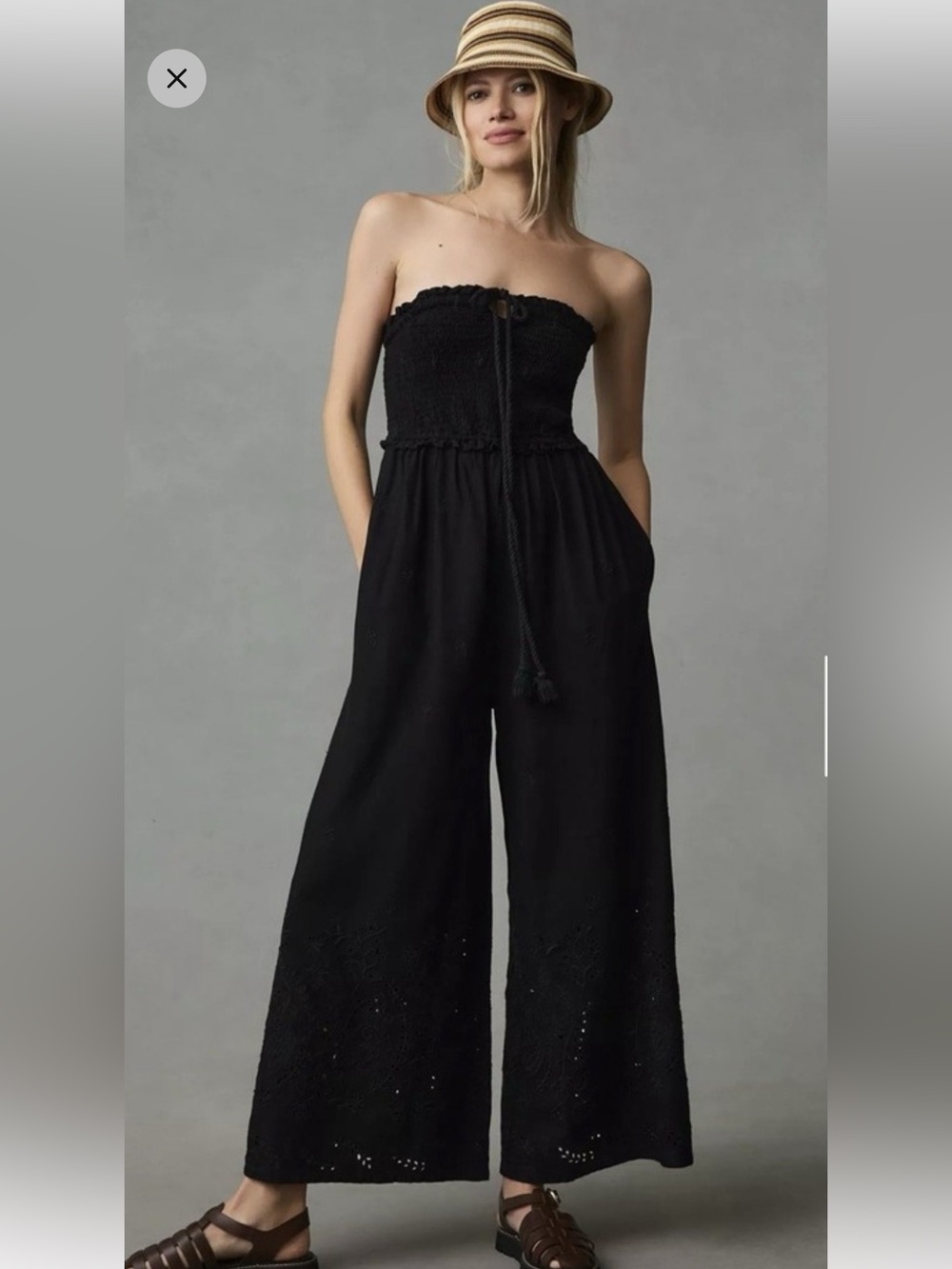 Antropologie Strapless Eyelet Linen Blend Wide Leg Jumpsuit